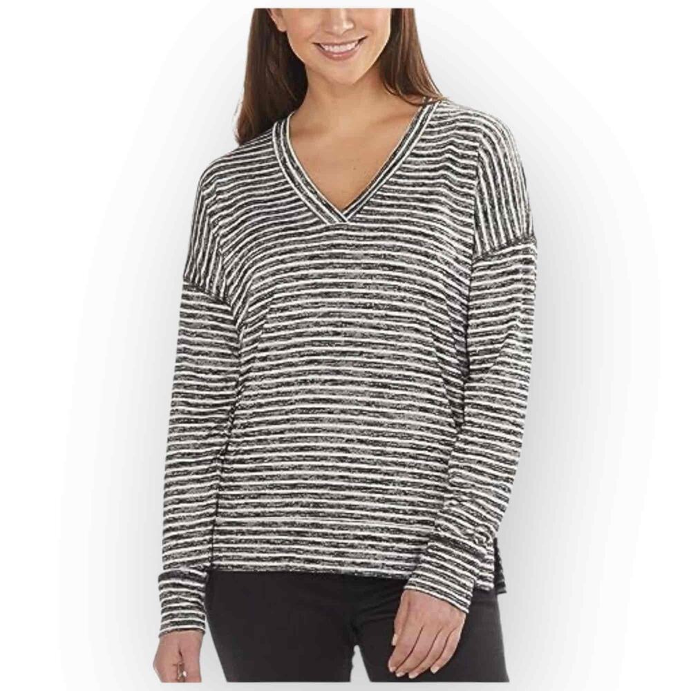 Kirkland Signature NWT Ladies’ Long Sleeve V-Neck Top, Black Stripe, Small 325S